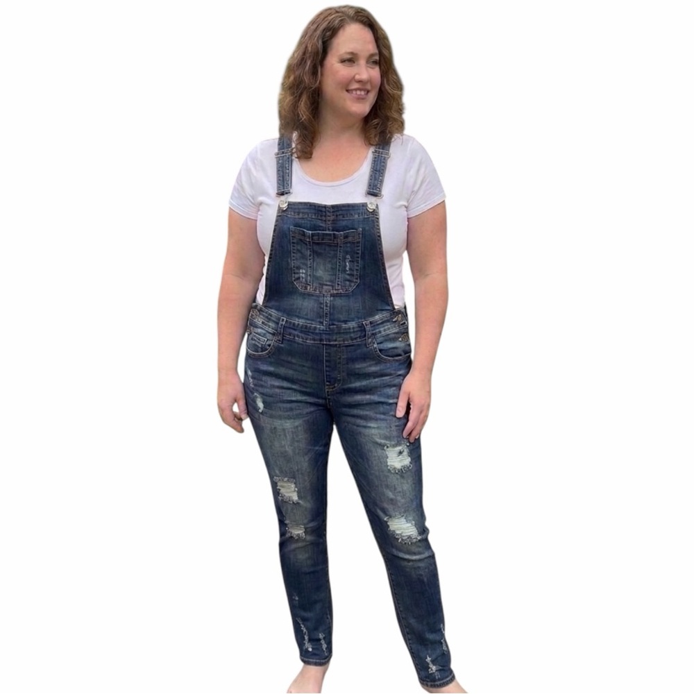 Almost Famous Distressed Denim Overalls Skinny Blue Size 13